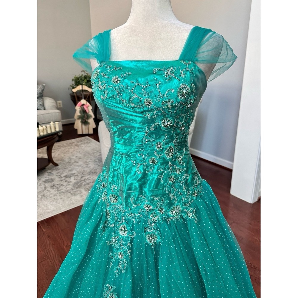 Vintage Luxury Alyce Designs Teal Green Glitter Puffy Tulle Princess Gown Dress - Picture 2 of 12